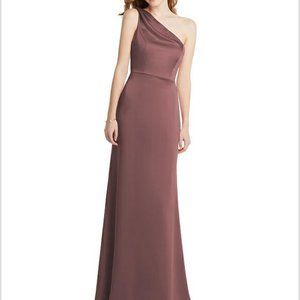 Shirred One-Shoulder Satin Trumpet Formal Dress “Maddie” Color English Rose Sz 2